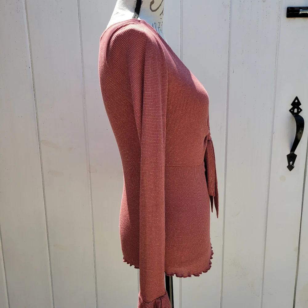 Free People Intimately Cut Out Tied Flutter Long Sleeve‎ Top Shimmer Size M